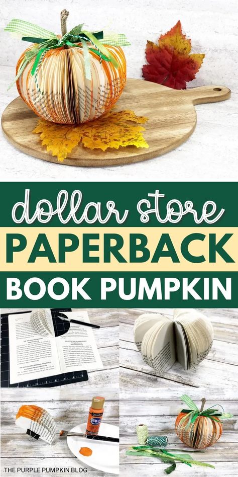 It's autumn, so it's time to start thinking about pumpkin crafts! Learn how to make an elegant Paperback Book Pumpkin, using an old book and some craft paint. It's a fun upcycle project that becomes a pretty piece of farmhouse-style home decor. Pumpkin From Book Pages, Book Pumpkins Diy, Pumpkin Book Craft, Pumpkins Made From Books, Book Page Pumpkins Diy, Book Pumpkin Diy, Pumpkin Crafts For Adults, Carnival Centerpieces, Decorate Pumpkins