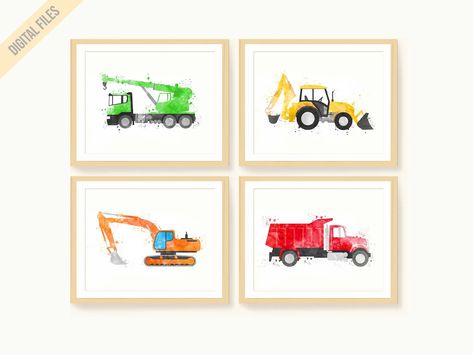 Colorful Construction Vehicles Set of 4 Printables: Crane, Backhoe, Digger, Dump Truck Instant Digital Download - Etsy Construction Truck Nursery, Kids Gallery Wall, Construction Nursery, Truck Nursery, Kids Playroom Art, Playroom Art, Boys Room Wall Art, Toddler Boys Room, Trucks Print