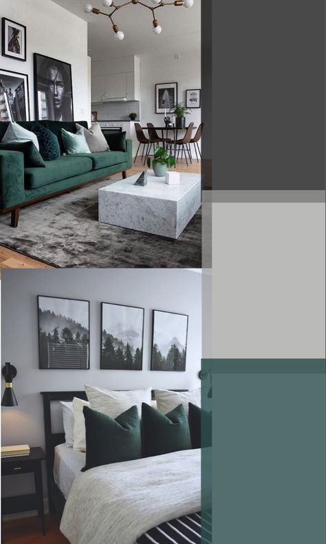 Gray Green Black Bedroom, Green And Grey Home Decor, Hunter Green And Gray Bedroom, Gray Green And Black Bedroom, Black White Gray Green Bedroom, Home Decor Ideas Green And Grey, Hunter Green And Grey Living Room, Gray And Green House Decor, Green And Gray Apartment