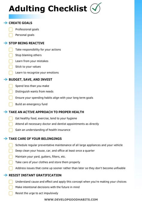 This simple adulting checklist highlights some of the most important personal development skills you need to improve to begin to be an "adult". The checklist can be downloaded as a free pdf. check it out, and learn more about why these six simple ideas are so important to becoming a responsible adult, The Checklist To Live The Life, How To Be An Organized Person, Personal Needs List, Adulting 101 Free Printable, Adulting Tips 20s, Adulting 101 Checklist, Check Off What You Did This Year List, Personal Development Journal, To Be List Ideas