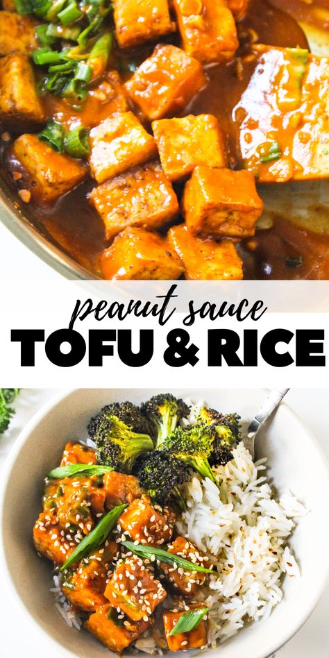 Peanut Sauce Tofu and Broccoli Rice Bowls     The ultimate veggie bowl that is so healthy and yummy - baked tofu tossed in a delicious peanut sauce, served with rice and grilled broccoli.    #vegan #vegetarian #dinner #lunch #quick #easy #recipe #healthy #eat #clean #eating #light #diet #spicy #sesame #oil #peanut #butter Spicy Peanut Butter Tofu, Asian Tofu Rice Bowl, Peanut Sauce Rice Bowl, Tofu And Rice Recipes Easy, Meals With Peanut Sauce, Tofu Broccoli Peanut Sauce, Tofu In Peanut Sauce, Thai Peanut Tofu Bowl, Vegan Tofu Broccoli Recipes