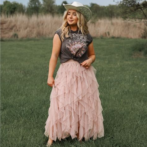 Brand New. An Elegant Blush Pink Colored Midi Skirt With Voluminous Shift Material With Ruffle Detailing, An Elastic Waistband, And A Tiered Silhouette That Falls Into A Full Mid-Calf Cascade. Waist: S 24” M 26” L ”30” Photos Are Our Own And Display The Exact Item You Will Receive. Cart With Confidence! Wedding Guest Skirt Special Ocassion Spring Summer Vacation Outfit Cruise Resort Clothing Boho Cowgirl Fashion Fairy Cottage Clothing Tulle Maxi Skirt Long Skirt Princess Bodice Fairytale Cottage Tops With Tulle Skirts, Pink Lace Skirt Outfit, Tulle Skirt With Tshirt, Pink Western Quinceanera, Country Skirt Outfits, Country Chic Wedding Outfit Guest, Cruise Dinner Outfit Formal, Formal Cowgirl Outfits, Barn Wedding Guest Outfit