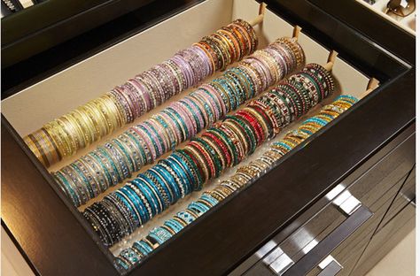 25 Beautiful Bangle Holders | Zen Merchandiser Bangle Storage Ideas In Wardrobe, Wooden Cupboard Design, Jewelry Organizer Drawer, Jewerly Organizer, Wooden Cupboard, Bracelet Storage, Bangle Box, Bracelet Organizer, Dressing Table Design