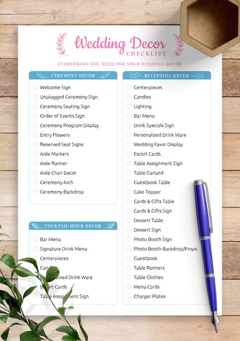 Here is the best way to plan and keep track of your wedding decor. Use this checklist to write down and check what decorations should be in your wedding venue. You will remember every detail of your decor, which will allow you to prepare for the event in time and have an unforgettable wedding! Sections available in this template: Everything You Need For Your Wedding Decor,; Ceremony Decor,; Coctail Hour Decor,; Reception Decor,. Wedding Decor Inventory List, Printable Wedding Planning Checklist, Wedding Reception Checklist, Wedding Decoration Checklist, Wedding Decor Ceremony, Wedding Planning Checklist Printable, Cocktail Hour Decor, Sales Kit, Wedding Planner Checklist