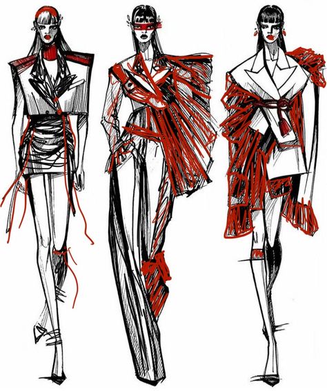 Punk Fashion Design Sketch, Punk Fashion Illustration, Runway Drawing Fashion Illustrations, Jellyfish Inspired Fashion Illustration, Runway Sketches Illustration, Silhouette Mode, Fashion Sketchbook Inspiration, Fashion Illustration Poses, Fashion Portfolio Layout