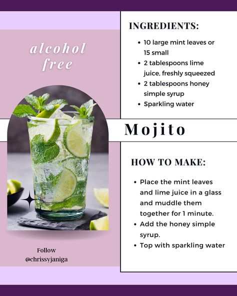 Save for later! One of my fav mocktails. One way to stay sober is to have a plan. Stay in and make a mojito.💜 #sober #mocktails #sobercurious #mocktail #nonalcoholic #sobriety #soberlife #soberinspiration #sobermotivation #soberisbetter #soberjourney #soberthoughts #soberwarrior #sobersquad #soberwomen #sobergirlsociety #sobernotboring #soberaf #alcoholfree #boozefree #soberglow #soberissexy #sobervibes #sobermom #soberparent #alcoholfreelife #soberandproud #sobermind #virginmojito Mocktail Mojito, Fruit Margarita, Mojito Ingredients, Lime Drinks, Honey Simple Syrup, Mojito Mocktail, Virgin Mojito, Mocktail Recipes, The Hangover