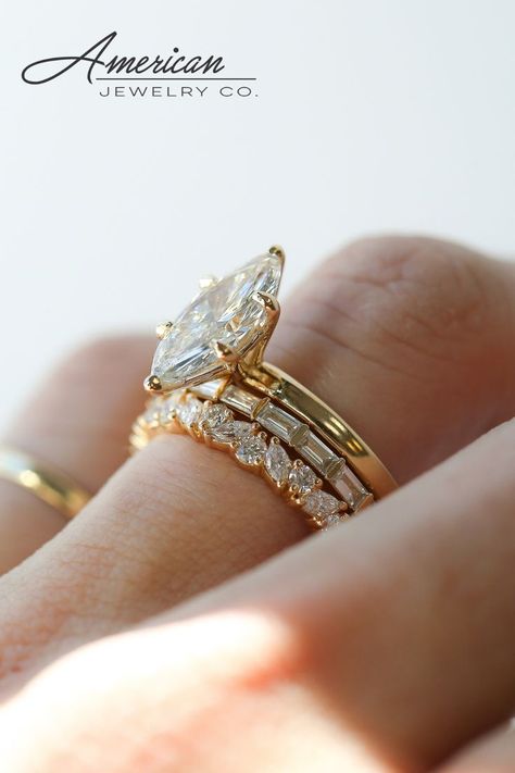 Three Ring Set Wedding, Third Band For Wedding Ring, Three Ring Stack, Marquis Ring Stack, Wedding Band Ring Stack, Elegant Marquise Cut Stackable Wedding Rings, Stackable Marquise Diamond Wedding Ring, Classic Marquise Cut Stackable Rings For Wedding, Fine Jewelry Stackable Marquise Cut Rings For Wedding