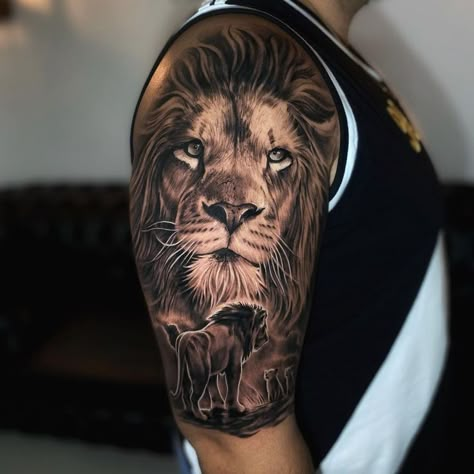 Beautiful lion portrait tattoo design on upper arm Lion Upper Arm Tattoo Men, Upper Arm Lion Tattoo For Men, Lion Bicep Tattoo Men, Lion Tattoo Upper Arm, Fins Tattoo, Mens Upper Arm Tattoo, Lion Portrait Tattoo, Upper Arm Tattoos For Guys, Portrait Tattoo Design