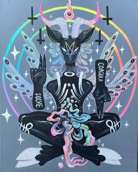 Satanism Painting, Creepy Cool Wallpapers, Baphomet Art Cute, Cute Baphomet Wallpaper, Baphomet Painting, Satanism Art, Baphomet Drawing, Pentagram Art, Baphomet Art