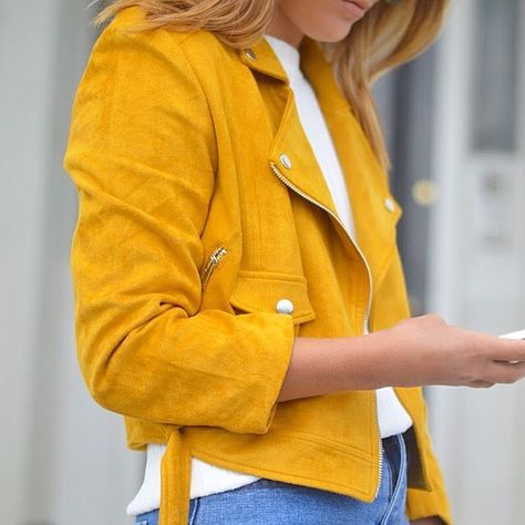 Suede Jacket Outfit, Mustard Jacket, Outfit Yellow, Suede Biker Jacket, Crop Blazer, Jacket Outfit, Back In Stock, Suede Jacket, Biker Jacket