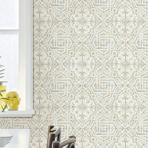 Mistana Alexis Spanish Tile 33' L x 20.5" W Geometric Wallpaper Roll & Reviews: home | Wayfair Spanish Wallpaper, Wood Feature Wall, Brick Wallpaper Roll, Monochrome Wall, Paintable Wallpaper, Chic Wallpaper, Chimney Breast, Embossed Wallpaper, W Wallpaper