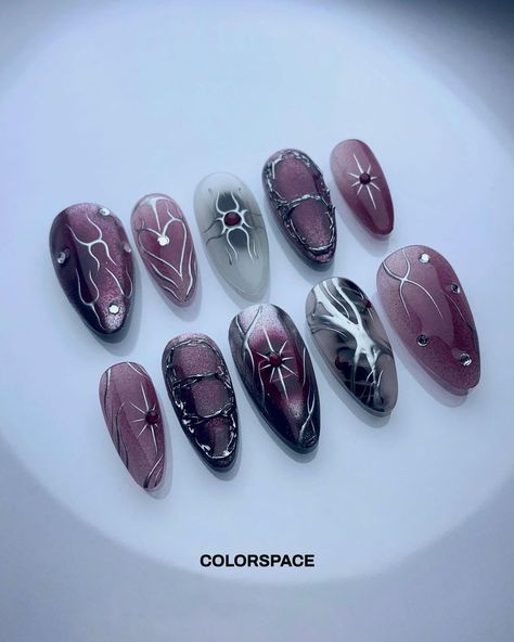 • 𝑷𝑹𝑬𝑺𝑺 𝑶𝑵 𝑵𝑨𝑰𝑳𝑺 • Shopee code : #0391 Inspo from pinterest💕 If anyone know the original artist please let me know <3 Get your nails done… | Instagram Uñas Press On, Nails Done At Home, Space Nails, Press On, Asian Nails, Punk Nails, Gothic Nails, Use Less, Grunge Nails