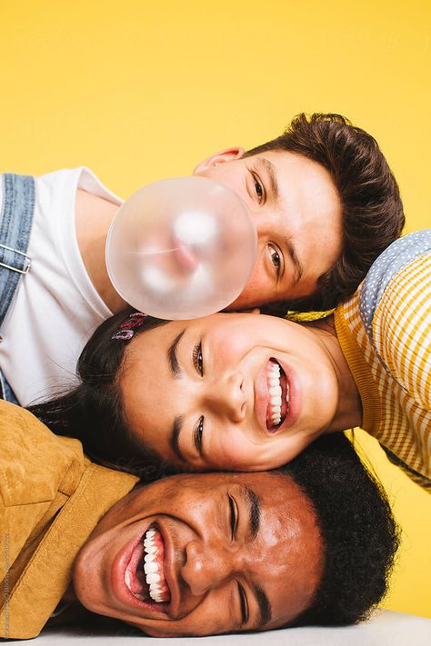 Closeup portrait of multiethnic teenagers having fun on yellow background. Yellow Portrait, Makeup News, Human Poses Reference, Poster Background Design, Beauty Shoot, Branding Photoshoot, 인물 사진, People Photography, Model Release