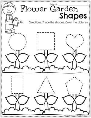 Spring Preschool Worksheets - Shapes Tracing #springworksheets #preschoolworksheets #planningplaytime #shapesworksheets Garden Worksheets Preschool, Flower Garden Shapes, Spring For Preschool, Spring Preschool Theme, Garden Shapes, Spring Worksheets Preschool, Shape Worksheet, In The Garden Art, Shapes Tracing