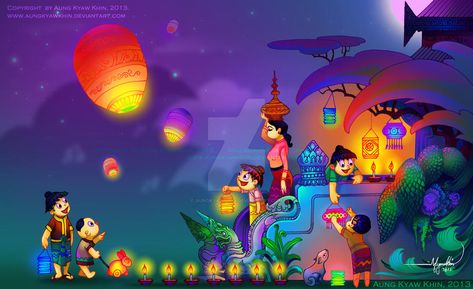 Thadingyut Festival (Myanmar) by AungKyawKhin on DeviantArt Thadingyut Festival Illustration, သီတင်းကျွတ် Photo, Thadingyut Festival Drawing, Thadingyut Festival Photo, Festivals Illustration, Thadingyut Festival Design, Myanmar Festival, Thadingyut Festival, Festival Paint