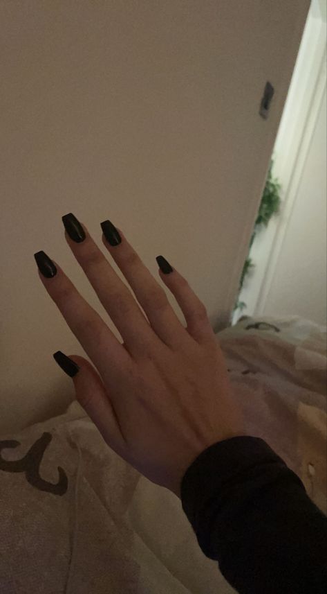 Black Acrylic Powder Nails, All Black Coffin Acrylic Nails, Black Medium Coffin Acrylic Nails, Black Short Coffin Nail Ideas, Short Black Nails Coffin, Black Coffin Short Nails, Black Nails Ballerina Shape, Coffin Shaped Black Nails, Black Coffin Shaped Nails