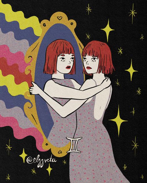 Vintage Gemini Poster, Gemini Illustration Art, Gemini Drawing Ideas, Gemini Art Illustrations, Gemini Painting, Gemini Illustration, Chalk Inspiration, Gemini Aesthetic, Tattoo Planning