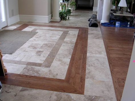 nice transition from tile to hardwood                                                                                                                                                                                 More Floor Transition, Transition Flooring, Entryway Tile, Foyer Flooring, Entryway Flooring, Wood Tile Floors, Flooring Options, Wood Tile, Room Flooring