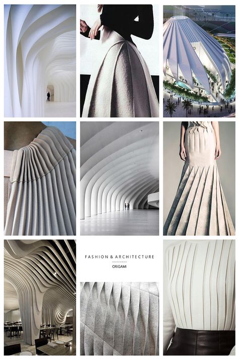 Architectural Fashion Inspiration, Moodboard For Fashion Design, Geometric Mood Board, Fashion Architecture Inspiration, Pleats Architecture, Architecture In Fashion, Moodboard Fashion Design Inspiration, Inspiration Board Fashion, Architectural Fashion Design