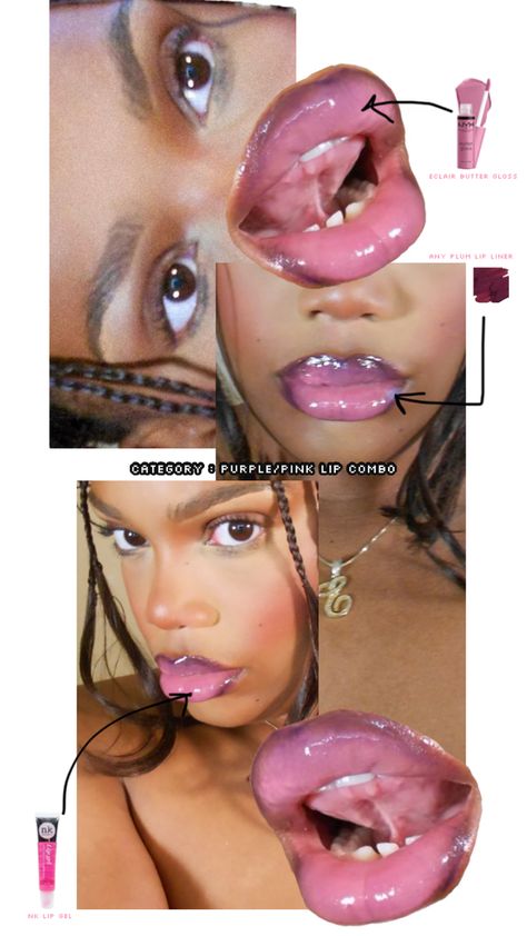 Lip combos to try. Black girl lip combo idea to try. Pink lip combo idea. Pink lip combo aesthetic. Pink lip gloss. The perfect everyday lip combo. Lip gloss combo Purple Lip Combo, Purple Lip Liner, Everyday Lip Combo, Nk Lip Gel, Plum Lip, Lip Gel, Plum Lips, Lip Combos, Light Makeup Looks