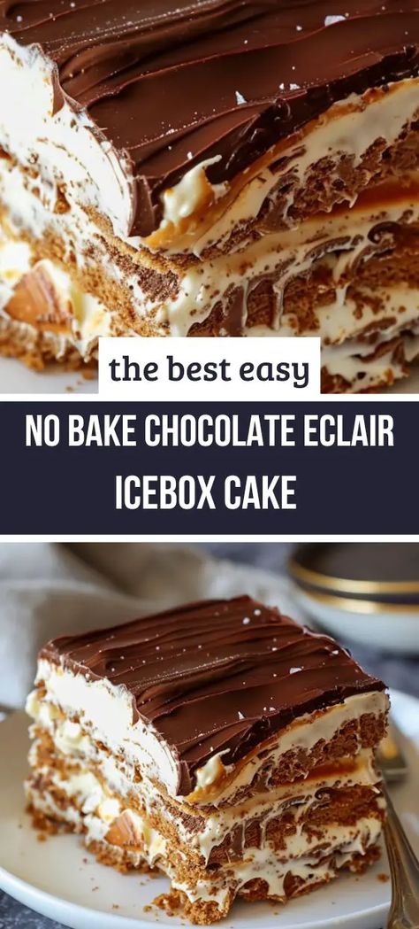 No Bake Chocolate Eclair Icebox Cake No Bake Chocolate Eclair, Chocolate Eclair Dessert, No Bake Eclair Cake, Eclair Cake Recipes, Chocolate Eclair Cake, Icebox Desserts, Icebox Cake Recipes, Eclair Cake, Chocolate Eclair