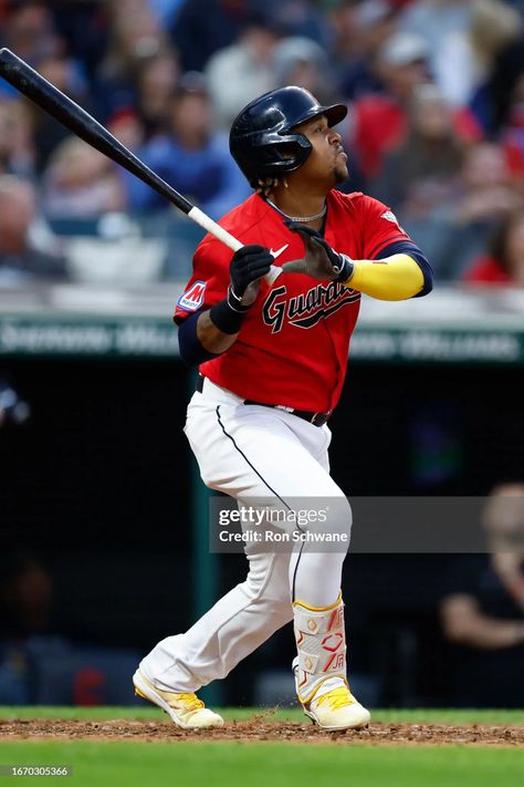 Jose Ramirez of the Cleveland Guardians hits a single off Dane... News Photo - Getty Images Jose Ramirez, Cleveland Guardians, September 16, Cleveland Ohio, Texas Rangers, Mlb Baseball, Cleveland, Mlb, North America