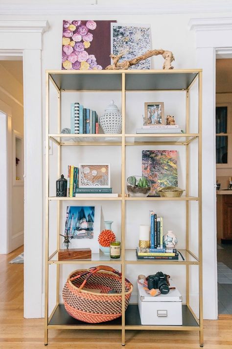 Bookcase styling- What I learned from a FB comment Glass Bookshelves, Lots Of Books, Painted Bookshelves, Inexpensive Decor, Easy Ikea Hack, Ikea Bookshelves, San Francisco Houses, Bookcase Styling, Affordable Modern Furniture