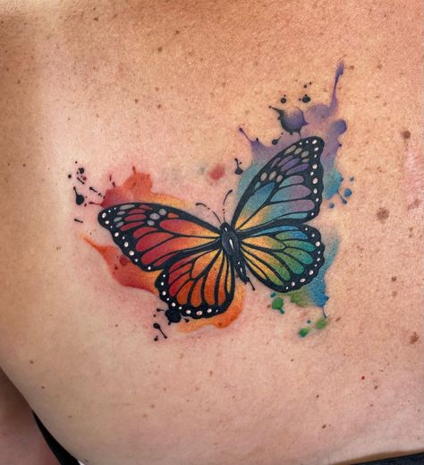 Rainbow Butterfly Tattoo ✨ Very light/old coverup under there! - Watercolour Tattoo - Colour Tattoo Butterfly Rainbow Tattoo, Colourful Butterfly Tattoo, Rainbow Butterfly Tattoo, Watercolour Butterfly, Watercolor Butterfly Tattoo, Nebula Tattoo, Watercolour Tattoo, Tattoo Colour, Colour Tattoos