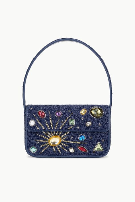 STAUD TOMMY BEADED BAG NAVY CELESTIAL Staud Bags, Tommy Beaded Bag, Beaded Leather Bag, Beaded Cabochon, Staud Handbags, Constellation Pattern, Soft Loafers, Custom Handbags, Sandal Platform