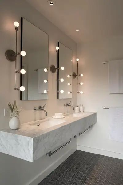 His And Her Washroom, Floating Vanity Bathroom Modern Marble, His And Her Bathroom Ideas Decor Double Sinks, Double Sink Bathroom Ideas Modern Floating Vanity, Double Sink Bathroom Ideas Modern, Floating Double Vanity Bathroom, Master's Bathroom, Floating Marble Vanity, Double Floating Vanity