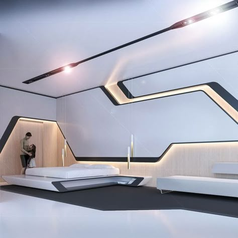 Futuristic Interior Design Bedroom, Futuristic Office Interior Design, Futuristic Interior Bedroom, Futuristic Design Interior, Tech Interior Design, Futuristic Office Interior, Futuristic Bedroom Design, Interior Design Art Deco, Futuristic Living Room