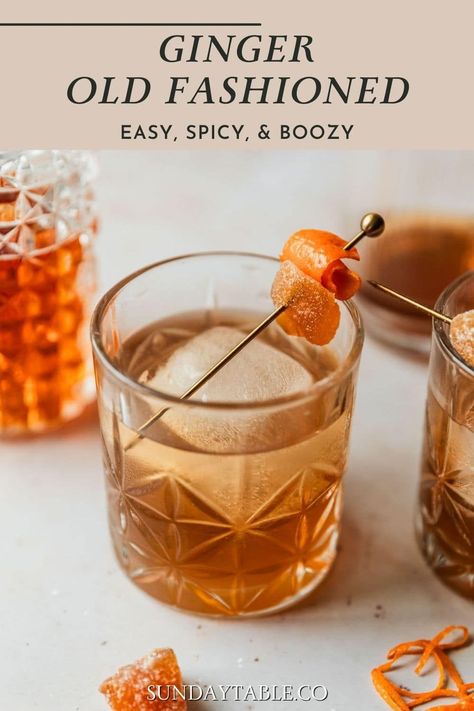 For a classic fall cocktail, try this ginger old fashioned! This recipe is a unique twist on the classic drink for a spiced, smoky cocktail. With bourbon, homemade ginger syrup, ginger bitters, and an orange twist, it's cozy and absolutely delicious! Feel free to use rye whiskey instead of bourbon or orange bitters instead of ginger. This drink is super customizable! And it can even be batched for a crowd - it's great for holiday parties, dinner parties, or just a cozy night on the couch. Cocktail With Bourbon, Simple Syrup Cocktails, Ginger Cocktails, Bitters Recipe, Orange Bitters, Cocktail Drinks Alcoholic, Disney Coffee Mugs, Fall Cocktail, Lemon Drop Martini