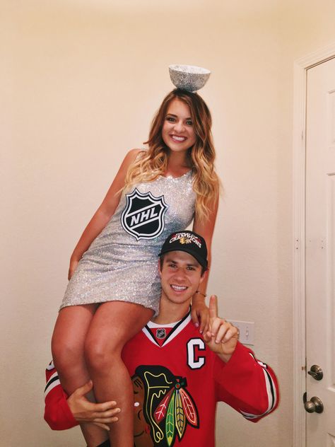 The best couples costume ideas you'll see for 2017 - over 5000 words worth! #CoupleDIY Trophy Halloween Costume Couple, Hockey Player And Trophy Costume, Hockey Couple Costume, Couples Costume Ideas College, Baseball Couples Costumes, Trophy Wife Costume, Fun Couples Costumes, Stanley Cup Costume, Hockey Costume