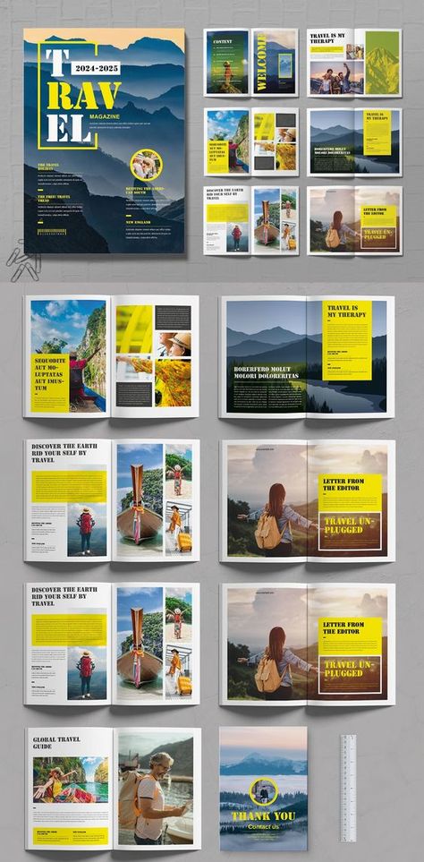 Travel Magazine Template Layout Magazine Brochure Design, Magazine Layout Design Canva, Magazine Layout Ideas Graphic Designers, Yearbook Layout Design, Travel Magazine Layout Design Creative, Magazine Feature Layout, Page Layout Design Magazine, Magazine Layout Design Templates, Travelogue Ideas Layout