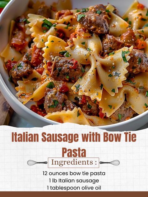 Saved Photo ￼  Italian Sausage with Bow Tie Pasta  Ingredients:  12 ounces bow tie pasta 1 lb Italian sausage 1 tablespoon olive oil 1 onion, diced 3 cloves garlic, minced 1 red bell pepper, diced 1 yellow bell pepper, diced 1 (14.5 oz) can diced tomatoes 1/2 cup chicken broth 1 teaspoon dried basil 1 teaspoon dried oregano Salt and pepper to taste Grated Parmesan cheese, for serving Directions:  Cook bow tie pasta according to package instructions. Drain and set aside. In a large skillet, heat olive oil over medium-high heat. Add Italian sausage and cook until browned and cooked through, breaking it into crumbles as it cooks. Remove sausage from skillet and set aside. In the same skillet, add diced onion and bell peppers. Cook until softened, about 5 minutes. Add garlic and cook for an ad Simple Recipes For Dinner, Creative Cookery, Bow Tie Pasta Recipe, Pasta Farfalle, Bow Tie Pasta, Pasta Types, Sausage Dishes, Hot Italian Sausage, Pasta Ingredients