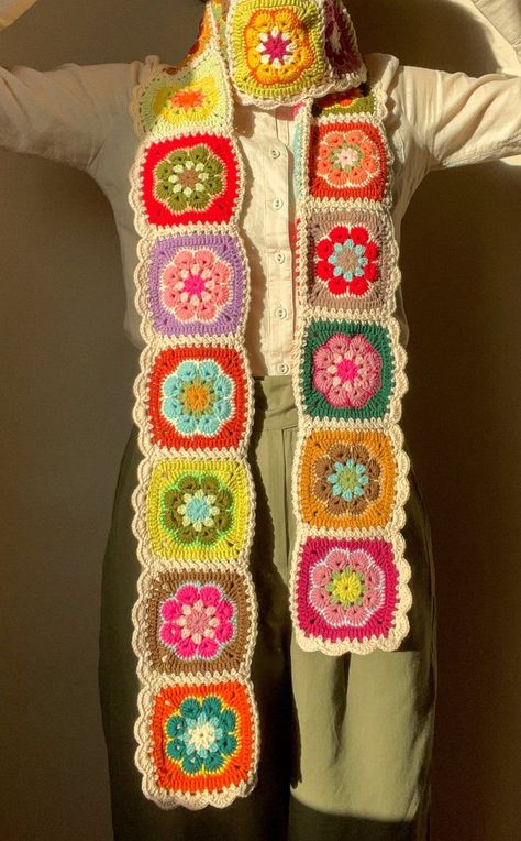 Colorful Scarf Crochet, Things Made With Granny Squares, Crochet Colorful Scarf, Flower Crochet Scarf, Colorful Crochet Scarf, Crochet Scarf Border, Crochet Birthday Gifts For Women, Funky Crochet Scarf, Granny Square Crochet Scarf