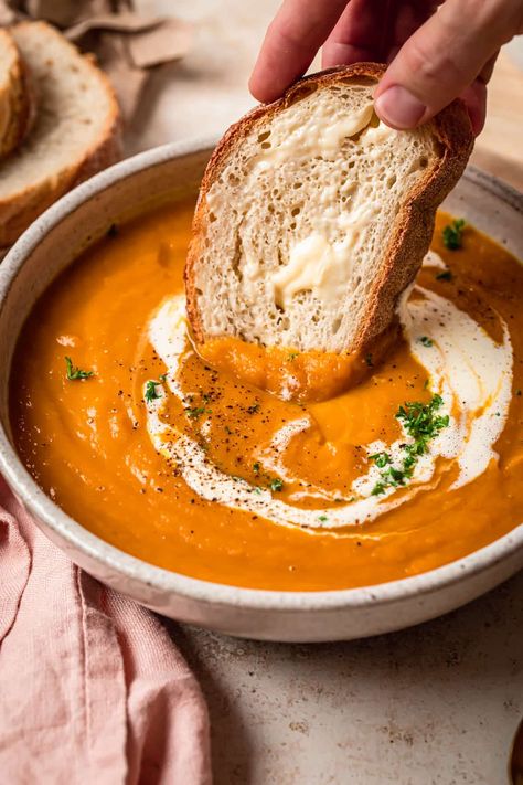 Pumpkin Carrot Sweet Potato Soup, Pumpkin Soup Photography, Pumpkin Potato Soup, Pumpkin And Sweet Potato Soup, Soup Recipes Pumpkin, Mabon Feast, Sweet Potato Pumpkin Soup, Sweet Potato Soup Healthy, Soup In A Pumpkin