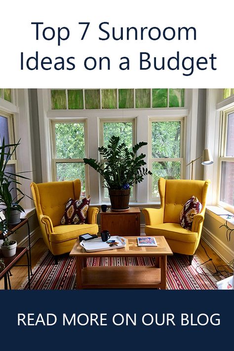 Top 7 Sunroom Ideas on a Budget. For more tips and pics visit our blog at www.gambrick.com Sunroom Ideas Front Of House, Ideas For Sunroom Decorating, Small Sunporch Decorating Ideas, Sunroom Designs Room Additions, Sunroom Interior Ideas, Furniture For Sunroom Room Ideas, Small Sunporch Ideas, Small Indoor Sunroom Ideas, Sunroom Furniture Ideas Cozy