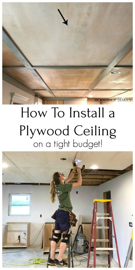 Drop Down Ceiling Makeover, Plywood Ceiling Ideas, Paneling On Ceiling, Plywood Ceilings, Creative Ceiling Design, Diy Drop Ceiling, Drop Ceiling Makeover, Cheap Ceiling Ideas, Tiny Garage