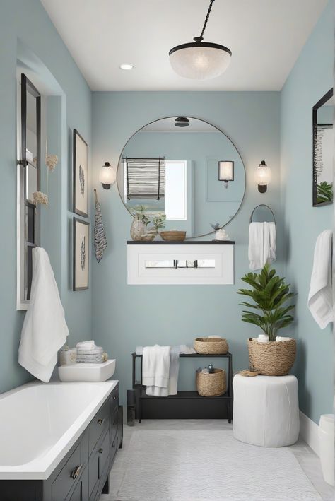 Dive into a daily routine of interior design with Tricorn Black (SW 6258) to create a bold, modern, and serene coastal bathroom. #Ad #homedecor #homedesign #bathroom #Painthome interiorarchitecture best Wall Colors for Bathroom Colors Bright Room Colors best colors combinations bathroom bathroom Remodeling Modern Paint Colors 2024 Bright Blue Bathroom Walls, Bathroom Bright Colors, Light Blue Small Bathroom, Bathroom Tile Combinations Color Schemes Colour Palettes, Vintage Bathroom Paint Colors, Bathroom Wall Colours, Light Blue Bathroom Walls, Bathroom Colours 2024, Blue Paint Colors For Bathroom