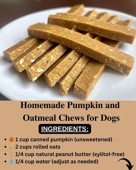 Homemade Pet Treats And Other Pet Items To Make / Sell | 🍁 Homemade Pumpkin and Oatmeal Chews for Dogs 🐶 | Facebook Homemade Dog Bones Easy, Dog Halloween Treats Homemade, Pumpkin Seeds For Dogs, Pumpkin Bread For Dogs, Human Dog Food Recipes, Puppy Kisses Dog Treats, Homemade Doggie Treats Recipes, Homemade Dog Kibble Recipes, Homemade Dry Dog Food