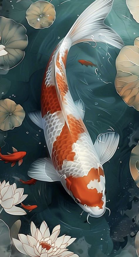 Koi Fish And Lily Pads, Ikan Koi, Koi Art, Fish Oil, Fish Art, Koi Fish, Canvas Art Painting, Screen Savers, Lily Pads