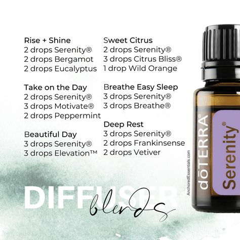 Oh, sweet Serenity! These diffuser blends have me a bit giddy, not going to lie. I am going to set aside Rise + Shine for tomorrow morning! I love Serenity and Breathe, but I haven't ever mixed in a citrus. have you tried any of these diffuser blends before? Serenity Oil Doterra, Serenity Essential Oil Blends, Serenity Diffuser Blend, Serenity Diffuser Blends Doterra, Doterra Serenity Diffuser Blends, Serenity Essential Oil, Doterra Serenity, Terra Essential Oils, Roller Blends