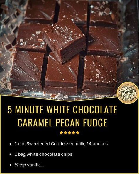 Old fashioned recipes | 5 Minute White Chocolate Caramel Pecan Fudge | Facebook Caramel Pecan Fudge, White Chocolate Caramel, Pecan Fudge, Fudge Ingredients, Caramel Pecan, Old Fashioned Recipes, Rice Krispie Treats, Chocolate Caramel, Sweetened Condensed Milk