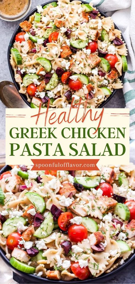 Greek Chicken Pasta Salad, healthy salad recipes, Spring salads Pasta Salad With Chicken Healthy, Pasta Salad With Lettuce And Chicken, Chicken Greek Pasta Salad, Pasta Chicken Salad Recipes Cold, Cold Healthy Salad Recipes, Pasta Salad Recipes With Rotisserie Chicken, High Protein Greek Pasta Salad, Teriyaki Chicken Pasta Salad, Healthy Greek Pasta Salad Recipes