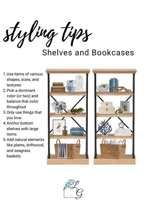 Bookshelf Styling Living Room Modern, Bookshelf Styling With Family Pictures, Five Shelf Bookcase Decor, Tall Bookcase Decor, Knick Knack Display Ideas Living Rooms, Style A Shelf Display, Bookcase Styling With Books Living Room, Double Bookshelf Styling, Freestanding Bookshelf Styling