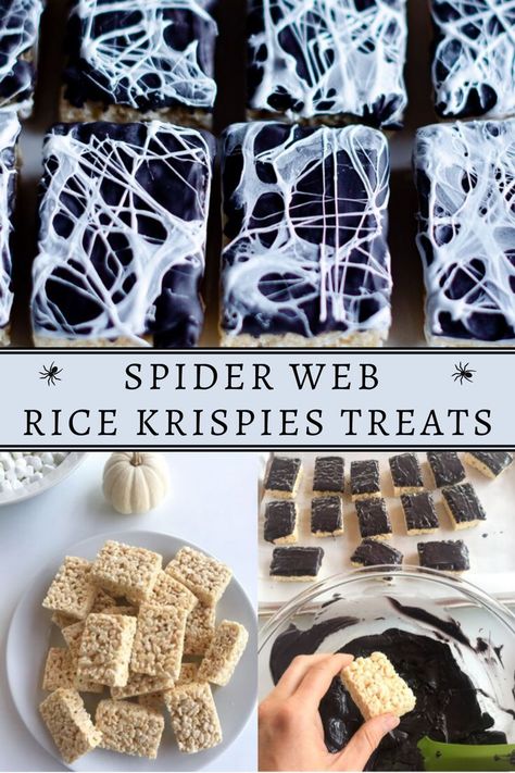 Krispie Treats Halloween, Hollow Web Party Ideas, Creepy Rice Krispie Treats, Halloween Rice Krispie Treats Ideas Spider Web, Spider Web Rice Crispy Treats, Spider Halloween Party, Chocolate Dipped Rice Krispie Treats Halloween, Halloween Treats With Rice Krispies, Spiderweb Rice Krispie Treats