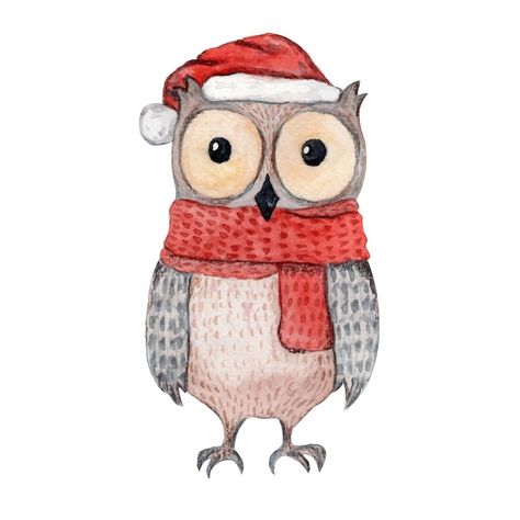 Cute watercolor illustration owl in knit... | Premium Vector #Freepik #vector #christmas-scarf #christmas-animals #owl-illustration #christmas-watercolor Xmas Characters, Kids Fabric Prints, Owl Christmas Card, Banner Sticker, Holiday Owl, Owl Watercolor, Brown Owl, New Year Illustration, Watercolor Christmas Tree