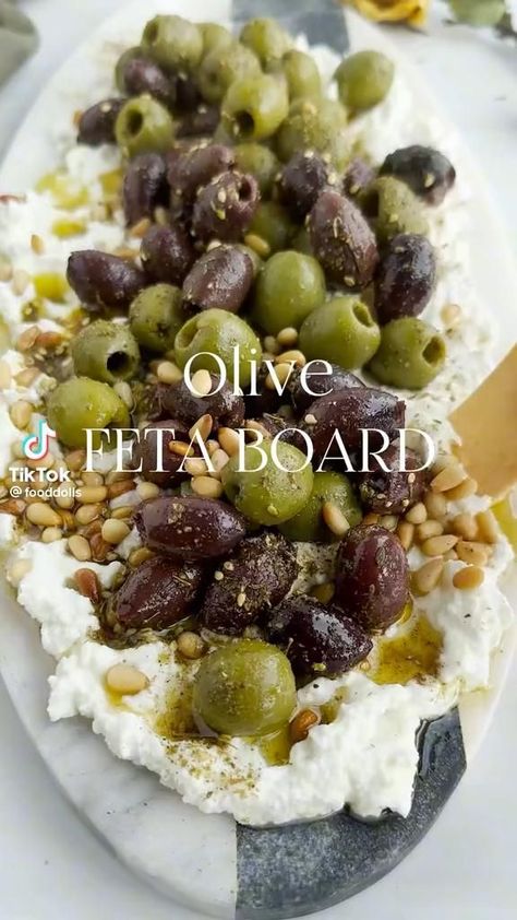 Olive Feta Board, Feta Board, Whipped Feta, Party Food Platters, Charcuterie Recipes, Think Food, Green Olives, Kalamata Olives, Plain Yogurt