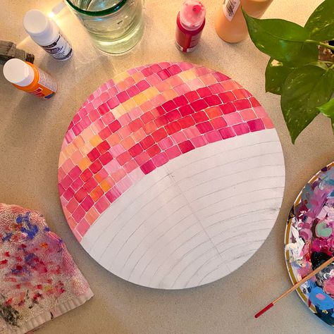 Circle Canvas Painting Disco Ball, Disco Acrylic Painting, Acrylic Painting Room Decor, Acrylic Disco Ball, How To Paint A Disco Ball On Canvas, Disco Ball Mural, Disco Ball Watercolor Painting, Blue Disco Ball Painting, Mirrorball Pottery Painting